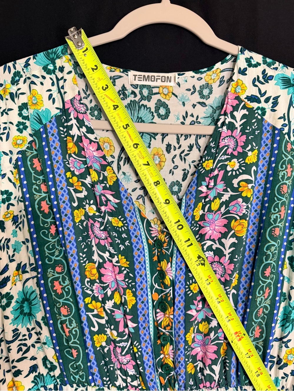 Temofon Women's Floral Maxi Dress - Teal & Yellow boho hippie cap sleeve cottage - Picture 11 of 13